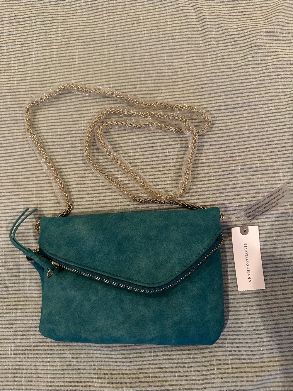 Anthropologie Teal Envelope Crossbody with Gold Chain